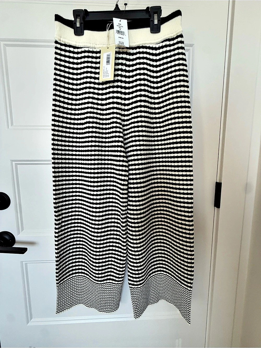 Ramy Brook Cher Knit Cropped Pant Striped Wide Leg Pants Black & White Small